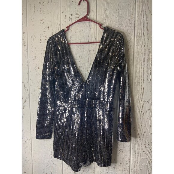 Black & Silver Sequin Long Sleeve Deep V-Neck Romper Womens med - Picture 5 of 10